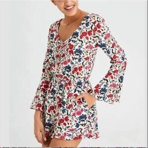 American Eagle Floral Print Long Bell Sleeve Ruffle Cinched V Neck Romper Small